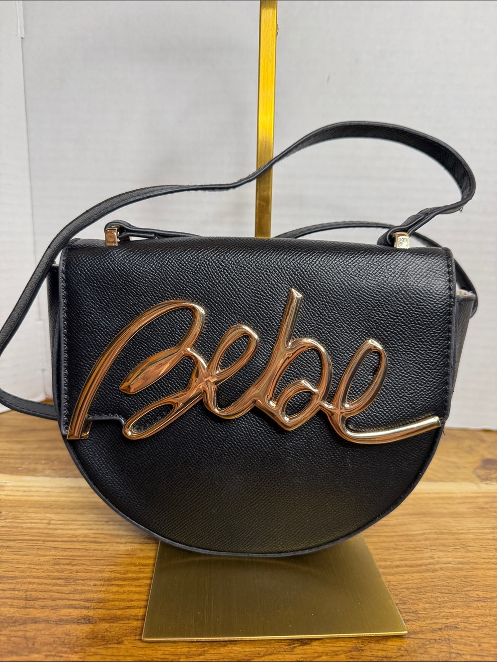 Bebe Gabriel Black Saddle Crossbody Bag Gold Logo Hardware EUC